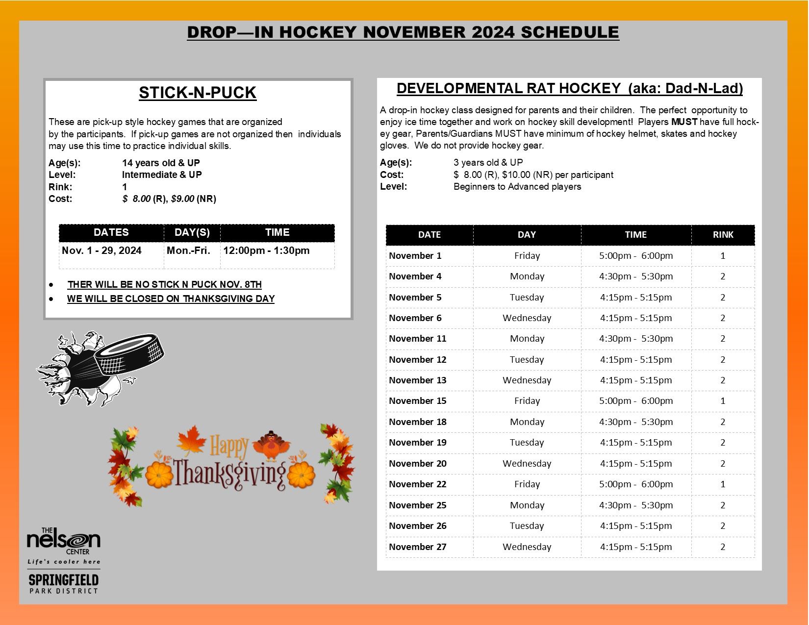 2024 November Drop In Hockey Schedule